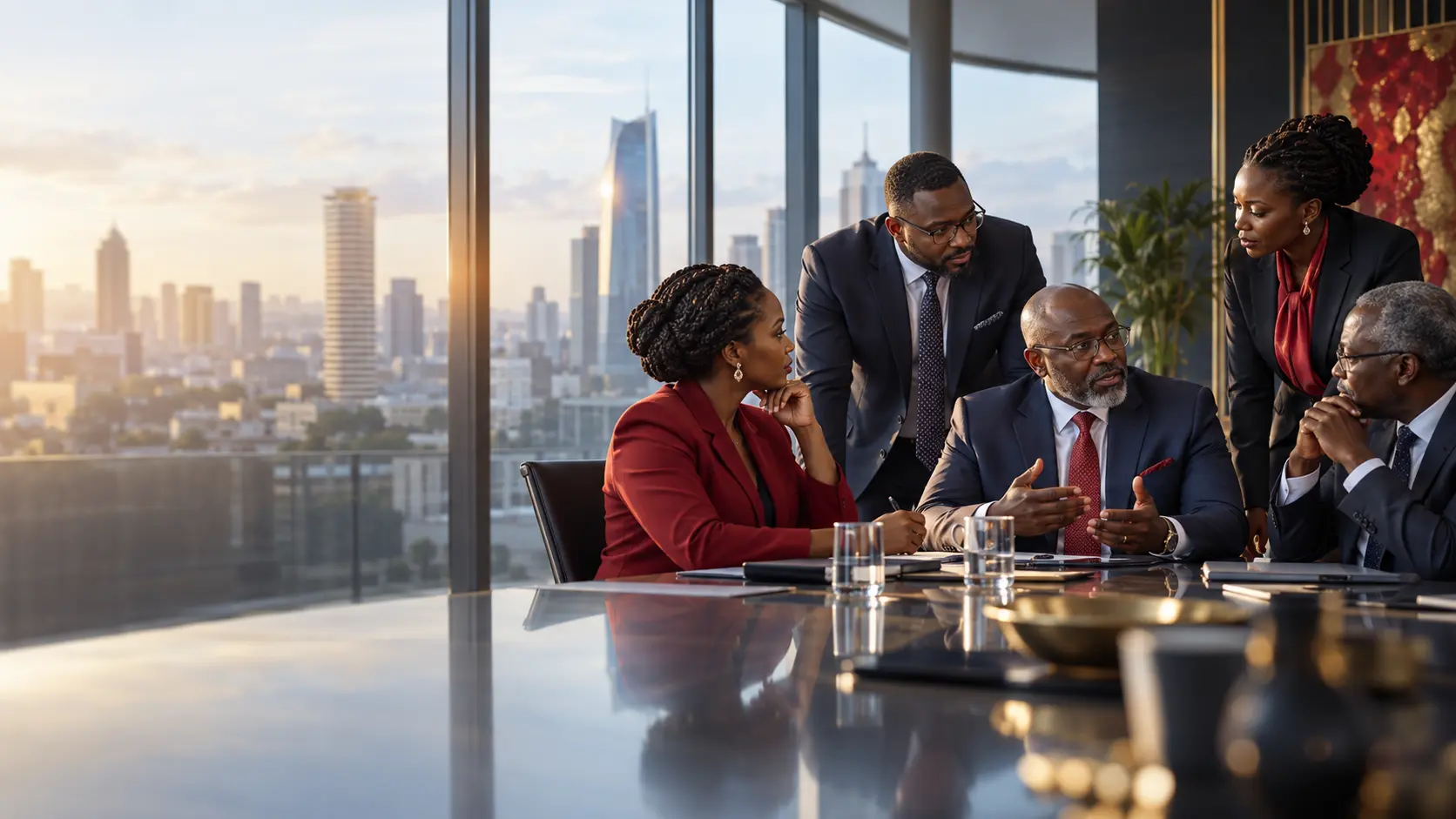 African executives discussing strategy in a boardroom